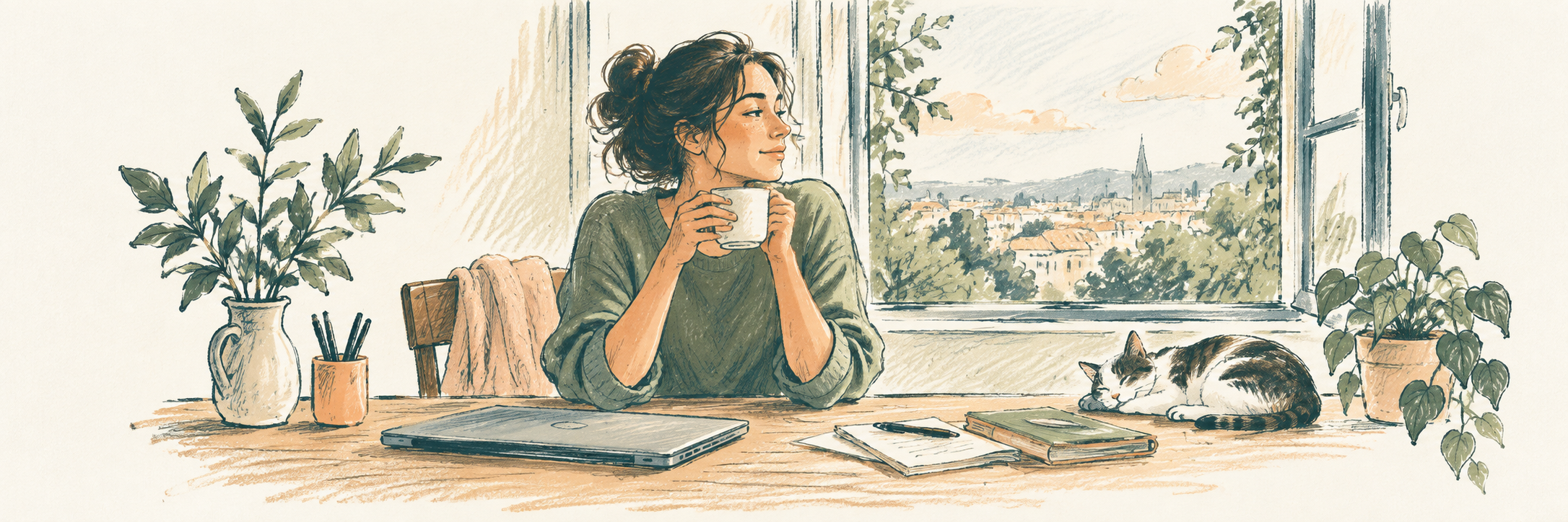 Hand-drawn illustration of a person enjoying a cup by the window, with a closed laptop and a sleeping cat nearby.