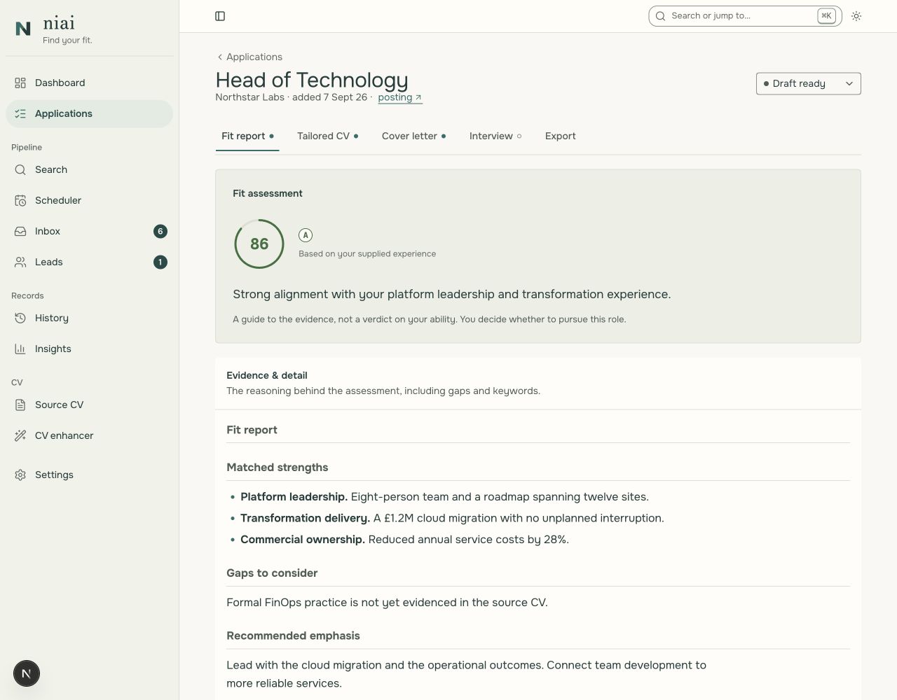 Niai fit report for a fictional Head of Technology role, with strengths and gaps.